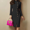 Fall Fashion Long Sleeve Stand-up Collar Slim Fit Metal Button Split Dress