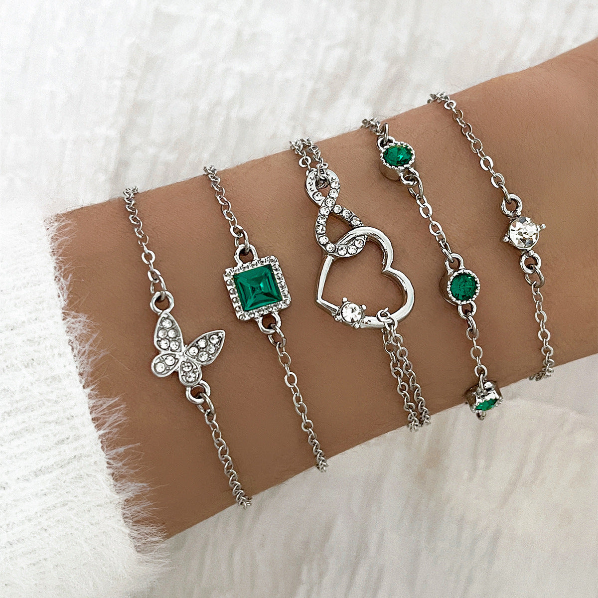 Bohemian 5 stück Grün Kristall Armbänder Schmuck Set Für Frauen Herz Armband Hochzeit Engagement Armband Mode Schmuck