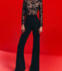 Black See-through Lace Long-sleeved Trousers Jumpsuit