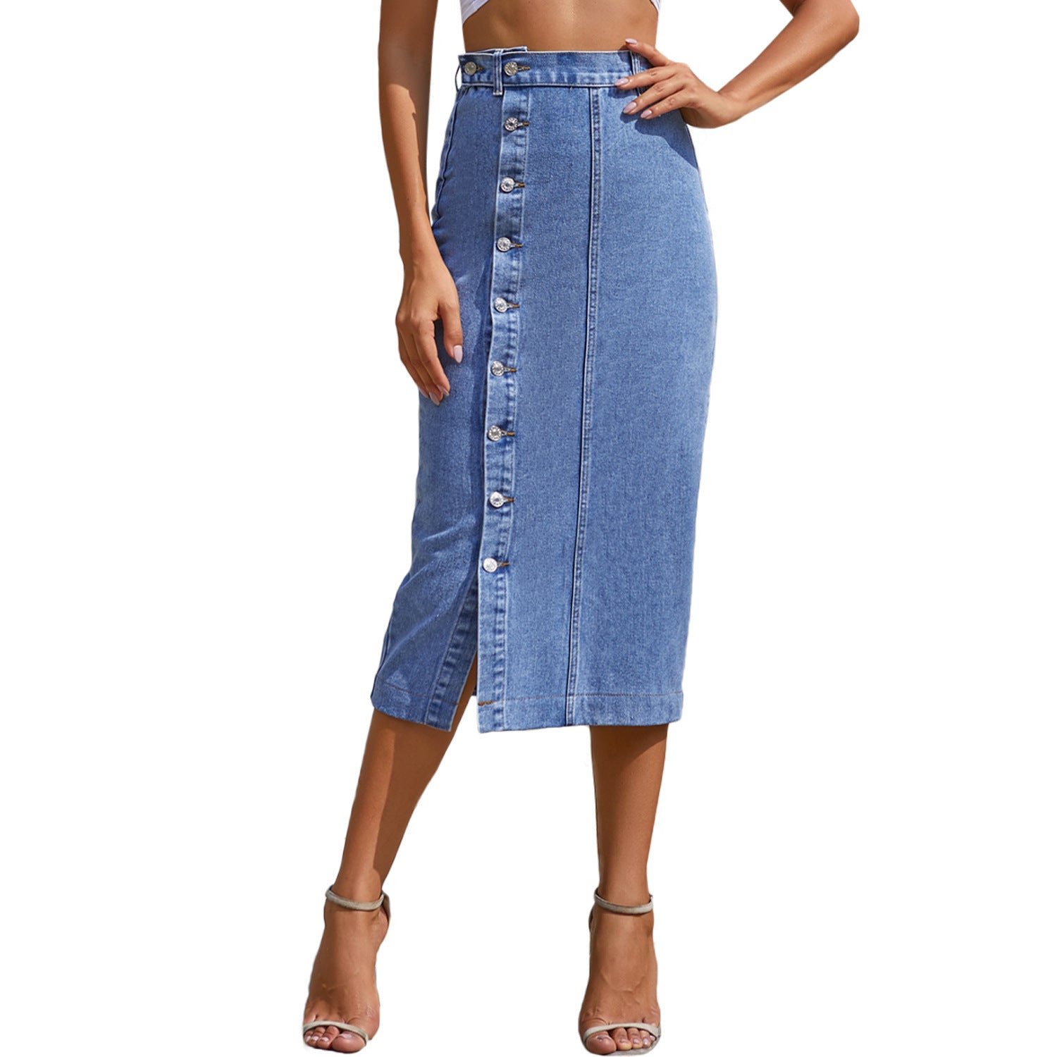 Damen Jeansrock mit Knopfleiste, unregelmäßigem Schlitz und hoher Taille