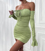 Off-Shoulder Long Sleeve Tie Pleated Dress – Sexy & Slim Fit!