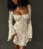Lace Square Collar Bell-Bottom Long Sleeve A-Line Dress for Women