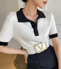 Contrast Color Polo Collar Ice Silk Knitted Short Sleeve T-shirt Women's Thin Top