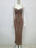 Net Drill Rhinestone Split Strap Dress