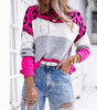 Colorblock Leopard Print Round Neck Casual Sweater Women's Clothing