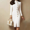 Fall Fashion Long Sleeve Stand-up Collar Slim Fit Metal Button Split Dress