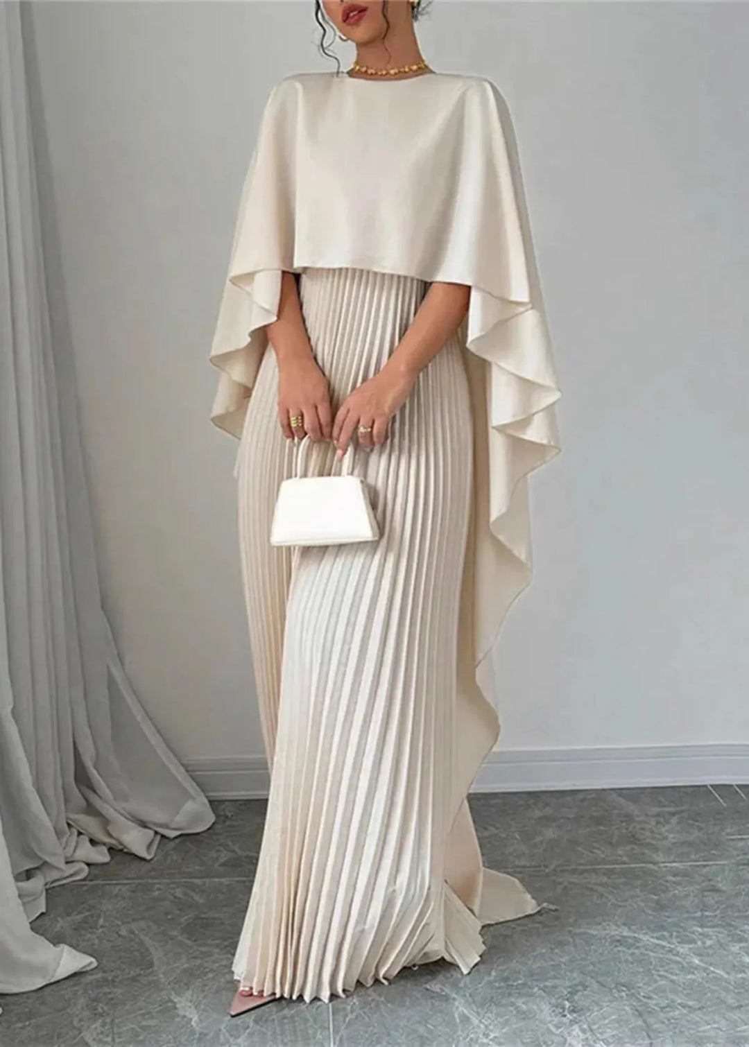 Isabella | Pleated Cape Overlay Maxi Dress