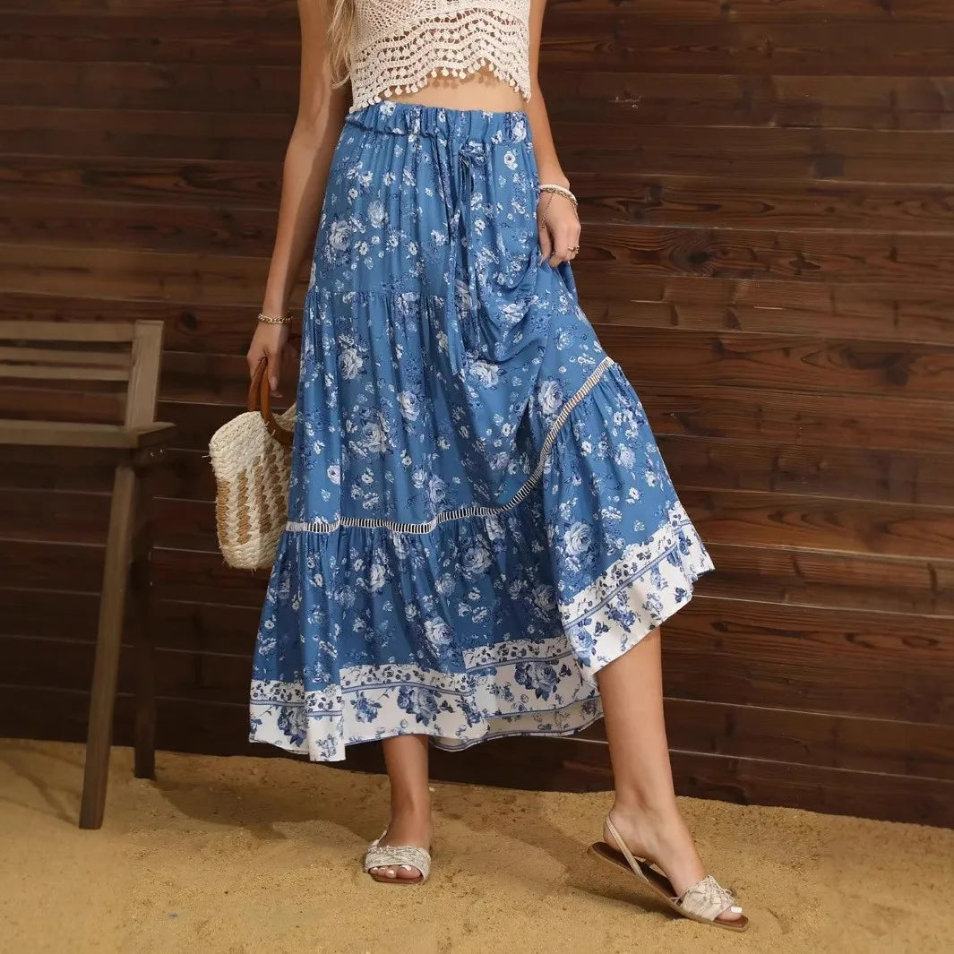 Naomi | Women's Blue Floral Bohemian Maxi Skirt with Tiered Design