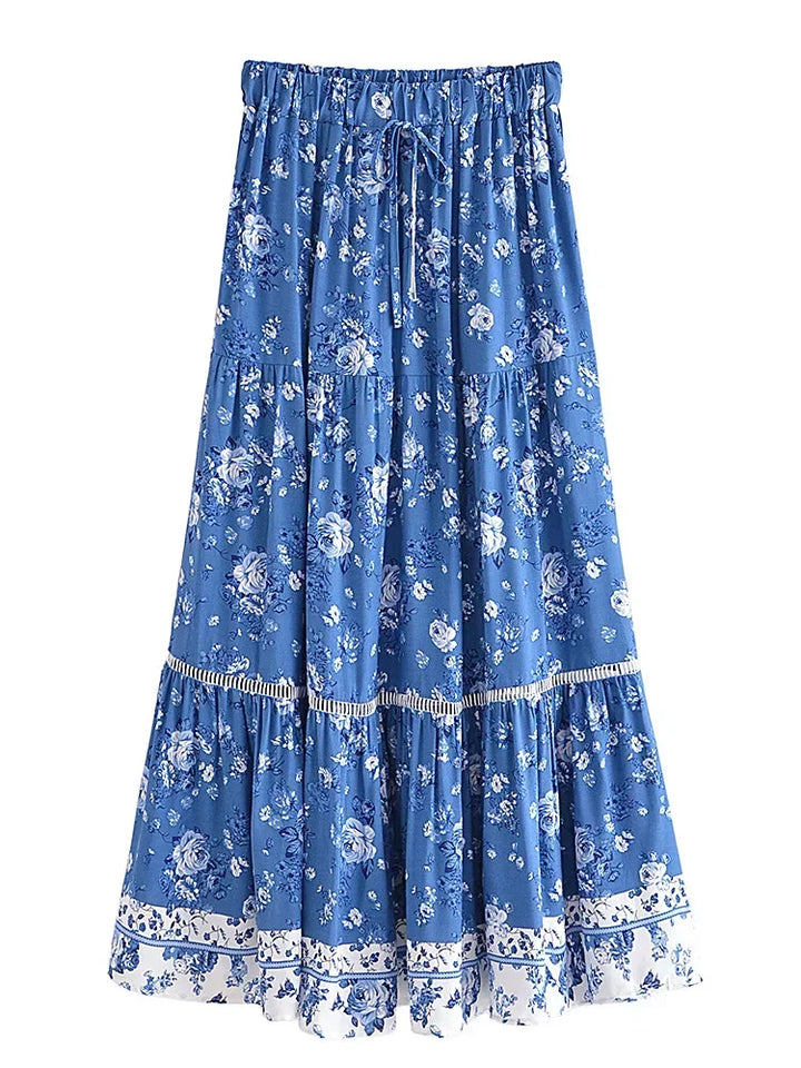 Naomi | Women's Blue Floral Bohemian Maxi Skirt with Tiered Design