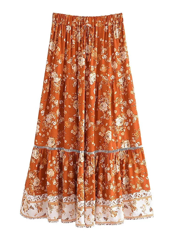 Naomi | Women's Blue Floral Bohemian Maxi Skirt with Tiered Design