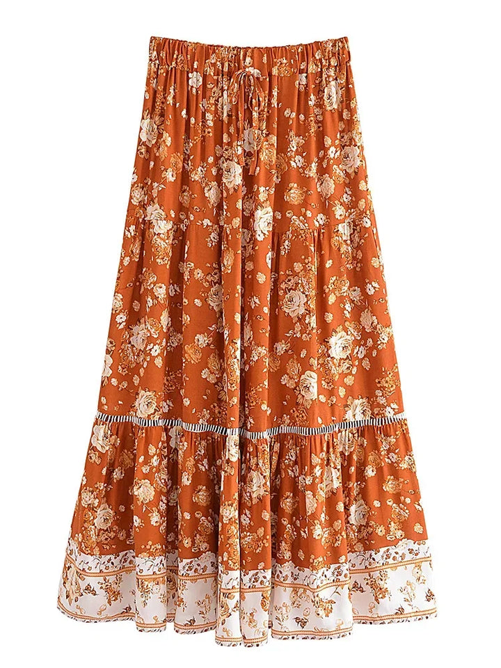 Naomi | Women's Blue Floral Bohemian Maxi Skirt with Tiered Design