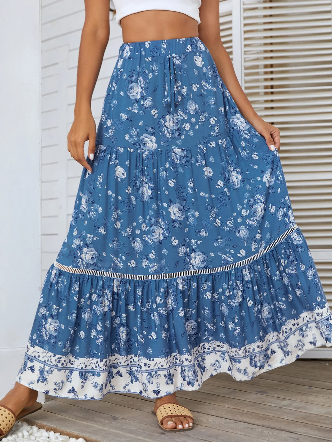 Naomi | Women's Blue Floral Bohemian Maxi Skirt with Tiered Design