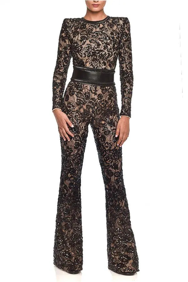 European And American Celebrity Style Composite Lace Slim Jumpsuit