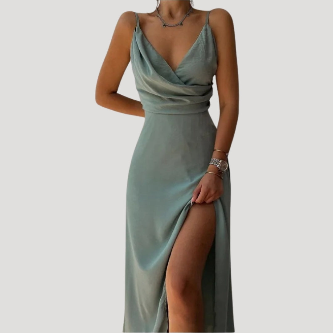 Isabella | Satin Wedding Guest Maxi Dress with Side Slit