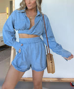 Fashion Women's Wear Denim Shirt Deep V Long Sleeve Suit