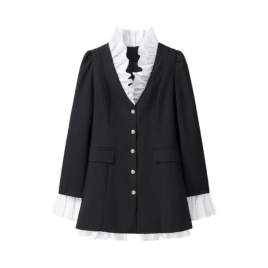 Patchwork Solid Color Buttons A- Line Suit Shirt Dress