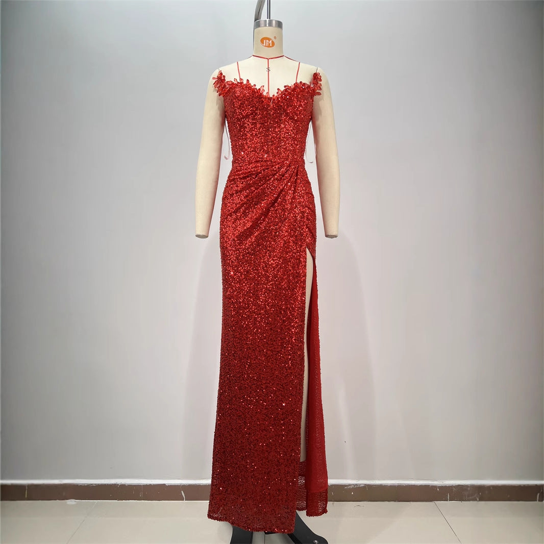Drop-shaped Diamond Sexy Low-cut High Sitt Red Paillette Tube Coat And Dress