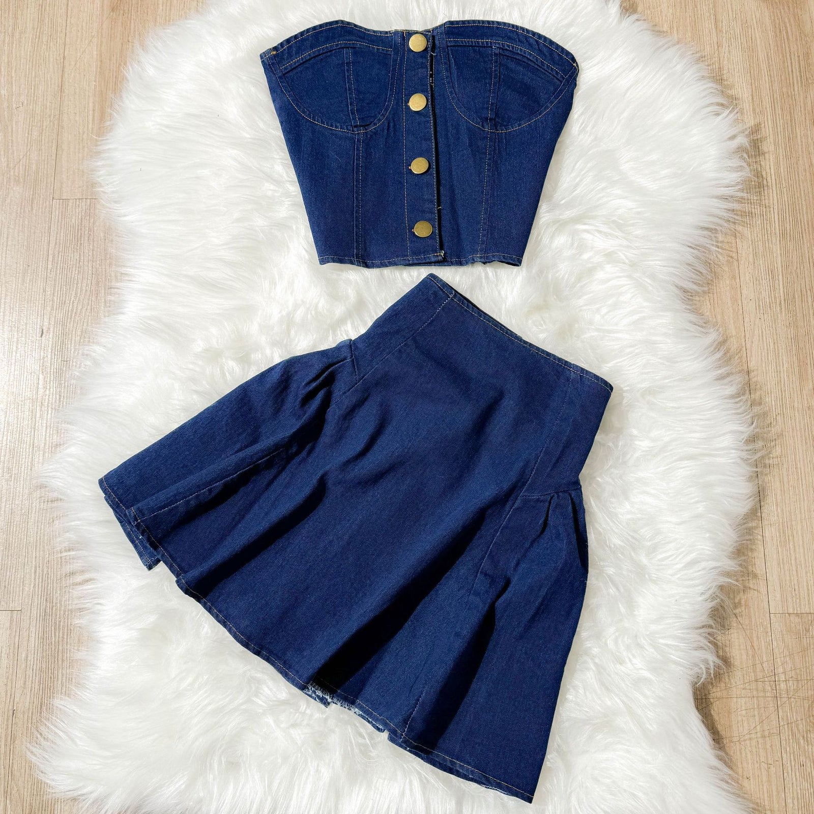 Denim Tube Top Top Two-piece Set High Waist A- Line Skirt