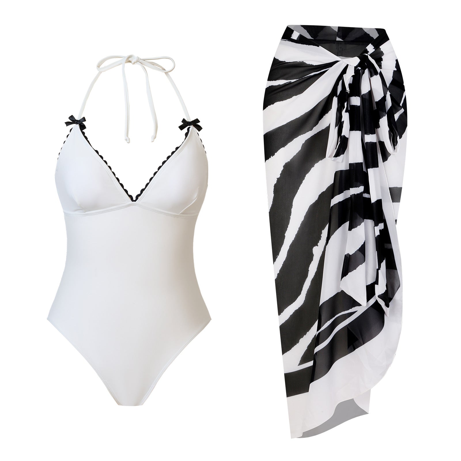 Lace-up One-piece Swimsuit Black And White Set Swimwear