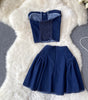 Denim Tube Top Top Two-piece Set High Waist A- Line Skirt