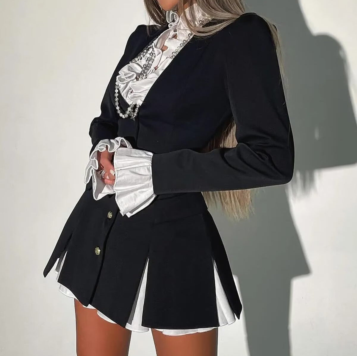Patchwork Solid Color Buttons A- Line Suit Shirt Dress