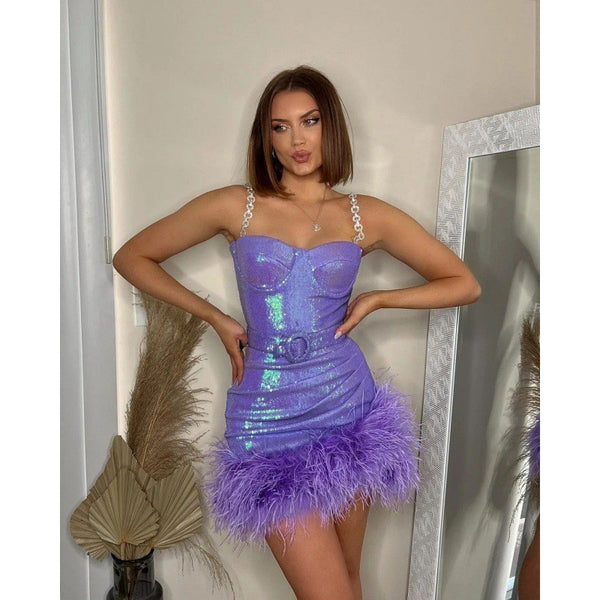 Women's Tight Artificial Fur Belt Purple Sequin Slip Dress