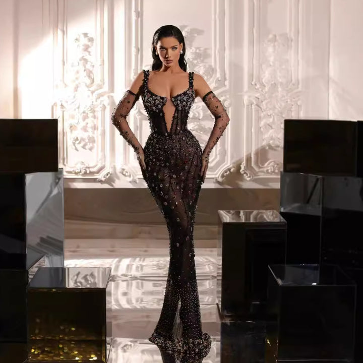 Crystal-Embellished Mesh Evening Dress