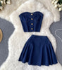 Denim Tube Top Top Two-piece Set High Waist A- Line Skirt