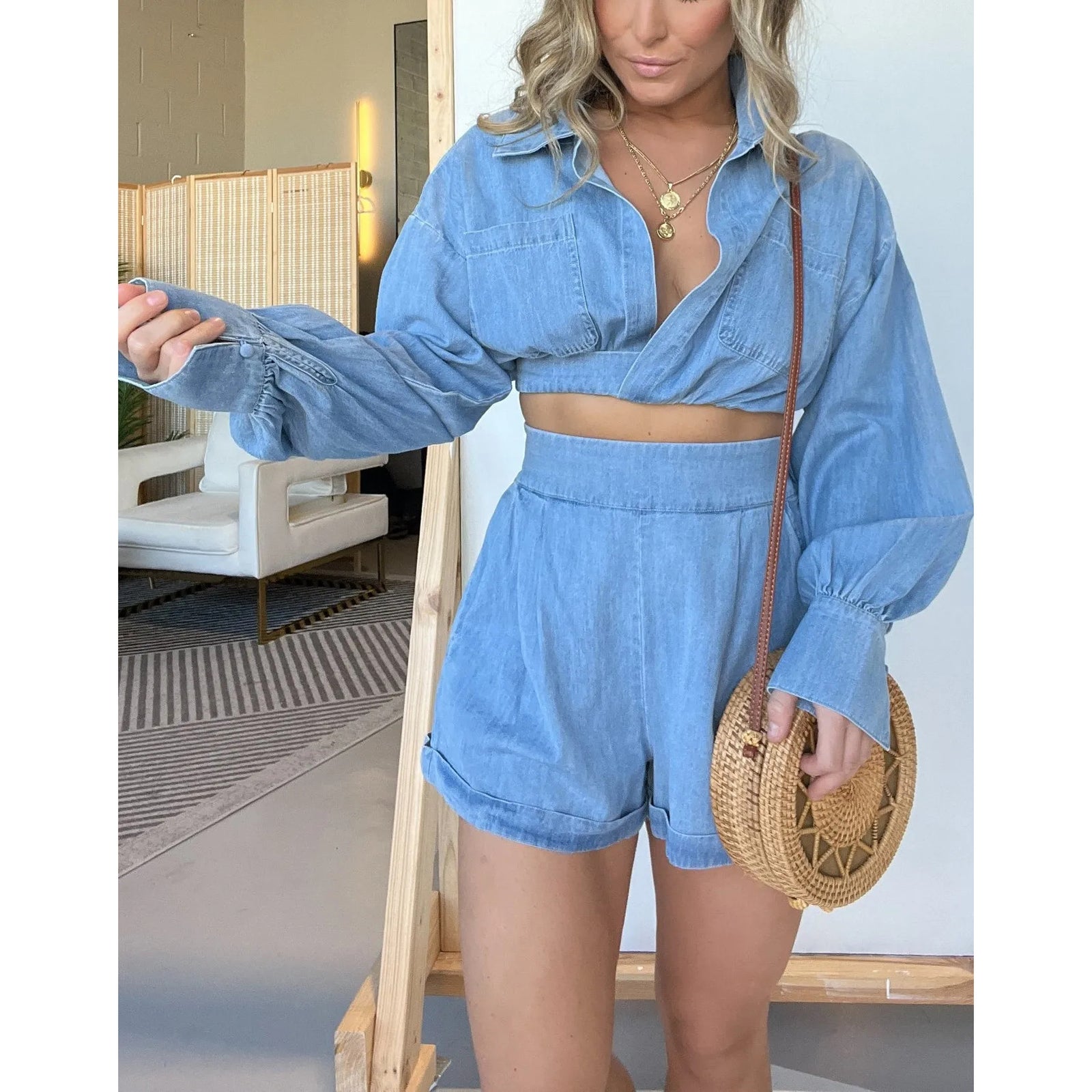 Fashion Women's Wear Denim Shirt Deep V Long Sleeve Suit