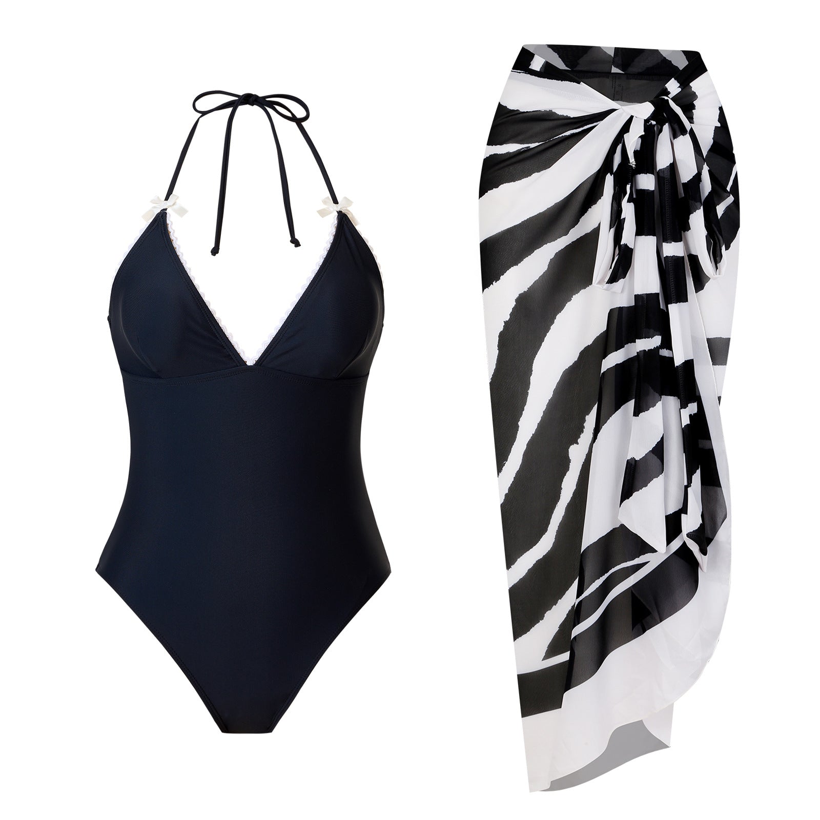 Lace-up One-piece Swimsuit Black And White Set Swimwear