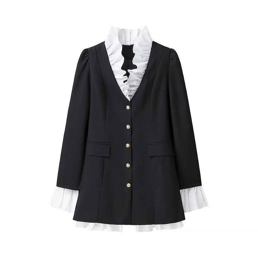 Patchwork Solid Color Buttons A- Line Suit Shirt Dress