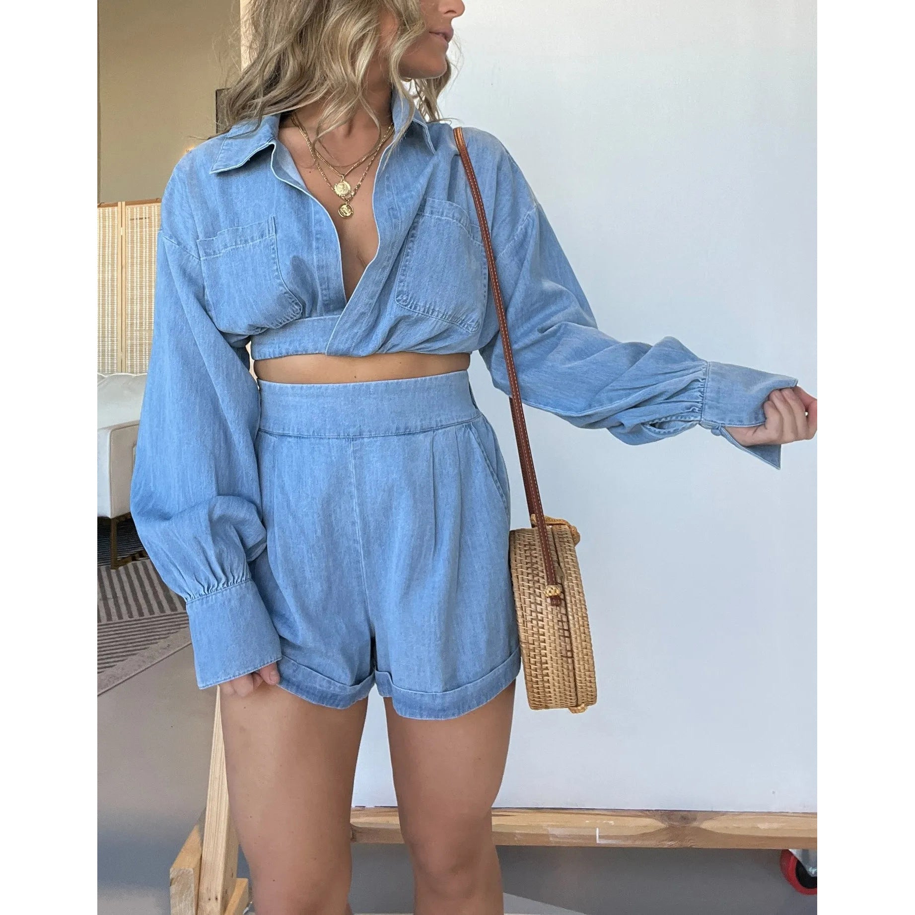 Fashion Women's Wear Denim Shirt Deep V Long Sleeve Suit