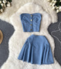 Denim Tube Top Top Two-piece Set High Waist A- Line Skirt