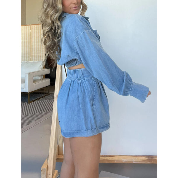 Fashion Women's Wear Denim Shirt Deep V Long Sleeve Suit