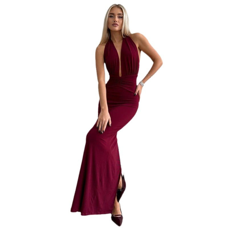 Women's V-neck Halter Backless Pleated Dress