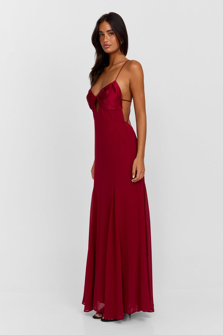 Lexia | Women’s Red Satin Maxi Dress with Front Cutout and Spaghetti Straps