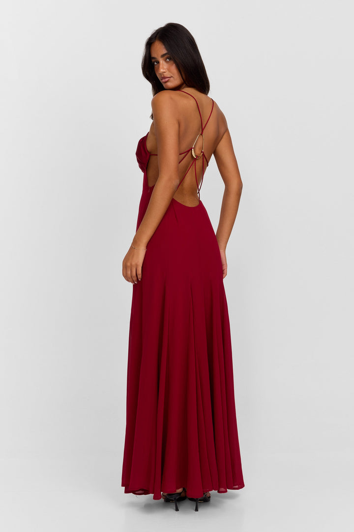 Lexia | Women’s Red Satin Maxi Dress with Front Cutout and Spaghetti Straps