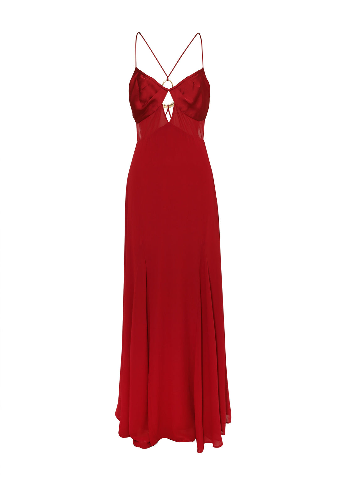 Lexia | Women’s Red Satin Maxi Dress with Front Cutout and Spaghetti Straps