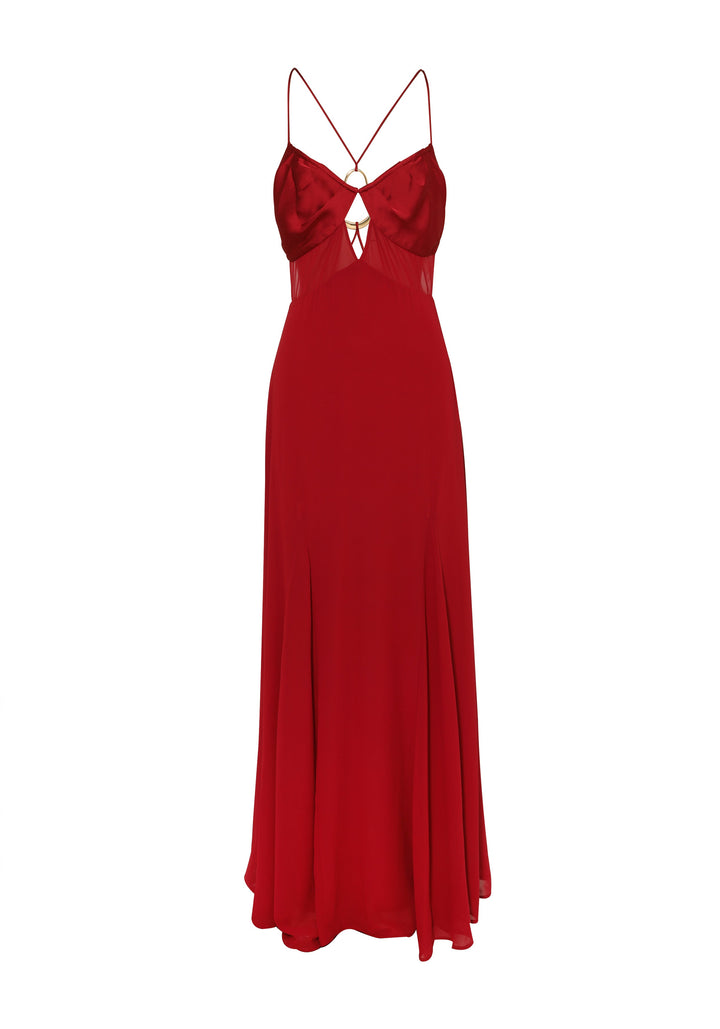 Lexia | Women’s Red Satin Maxi Dress with Front Cutout and Spaghetti Straps