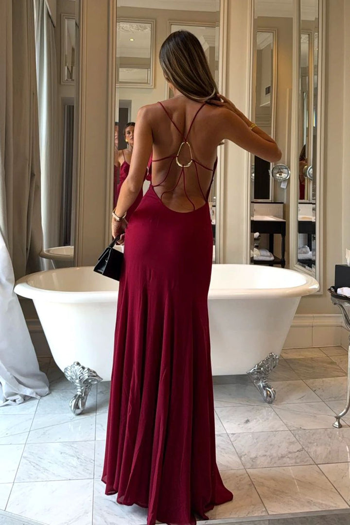 Lexia | Women’s Red Satin Maxi Dress with Front Cutout and Spaghetti Straps