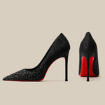 Super Pointed Shiny High Heels – Black & Silver Sequins
