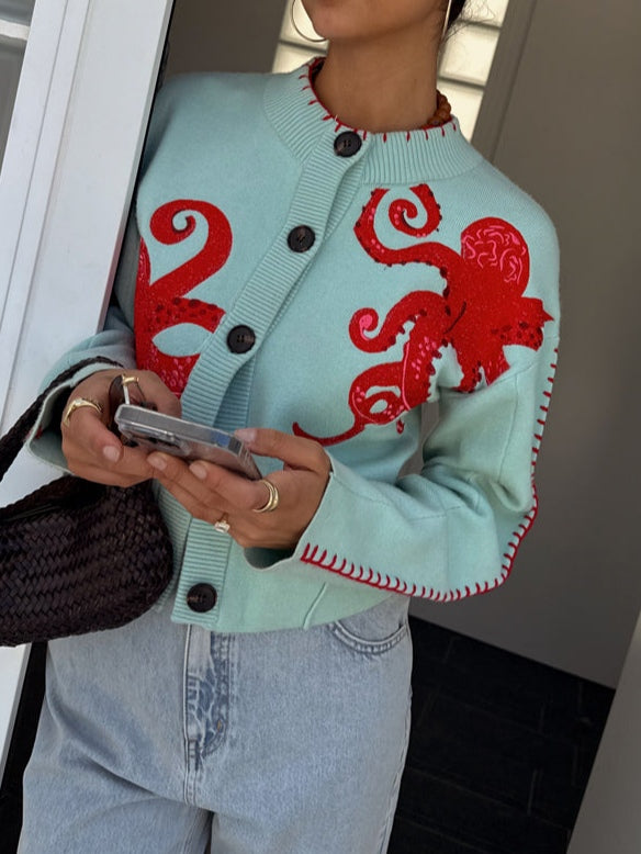 Mira | Women's Knit Cardigan with Octopus Pattern and Button Front