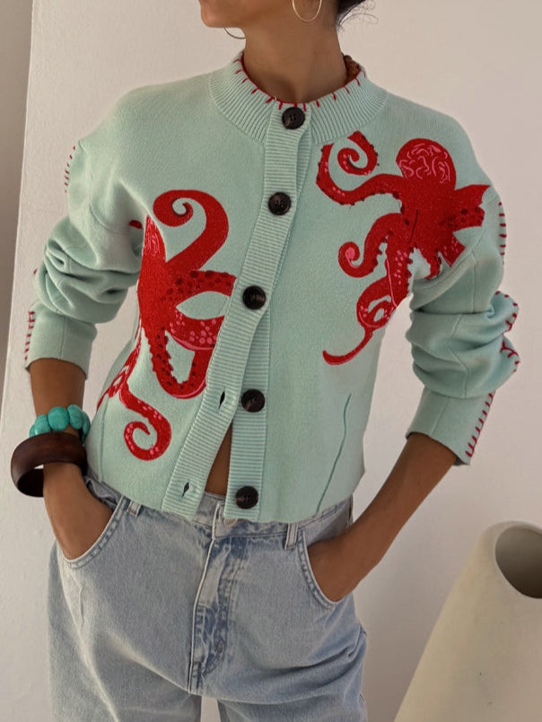 Mira | Women's Knit Cardigan with Octopus Pattern and Button Front