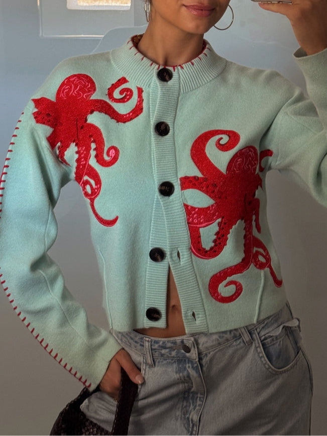 Mira | Women's Knit Cardigan with Octopus Pattern and Button Front