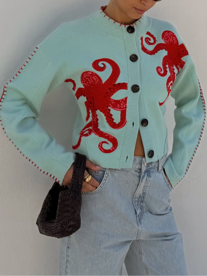 Mira | Women's Knit Cardigan with Octopus Pattern and Button Front
