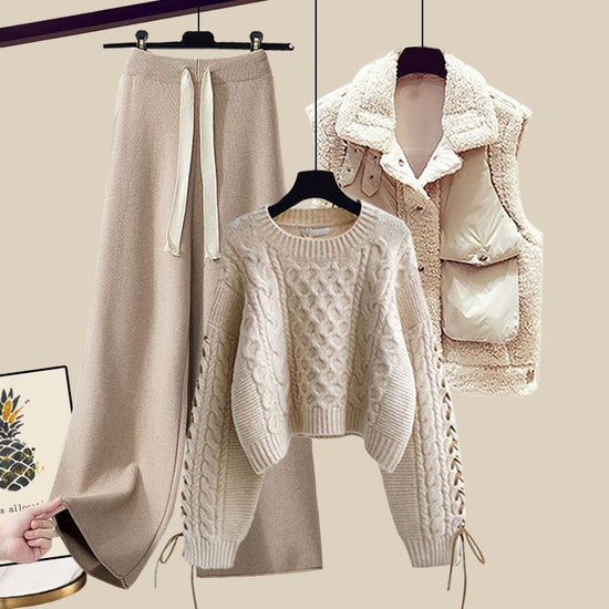 Women’s Autumn/Winter Knitted 3-Piece Set – Vest, Sweater & Wide-Leg Pants