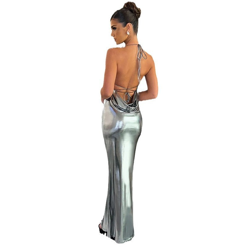 Metallic Halter Backless Swing Dress