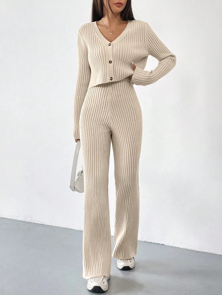 Two-piece Women's V-neck Short Knitted Cardigan Bootcut Trousers Versatile Casual Women's Clothing