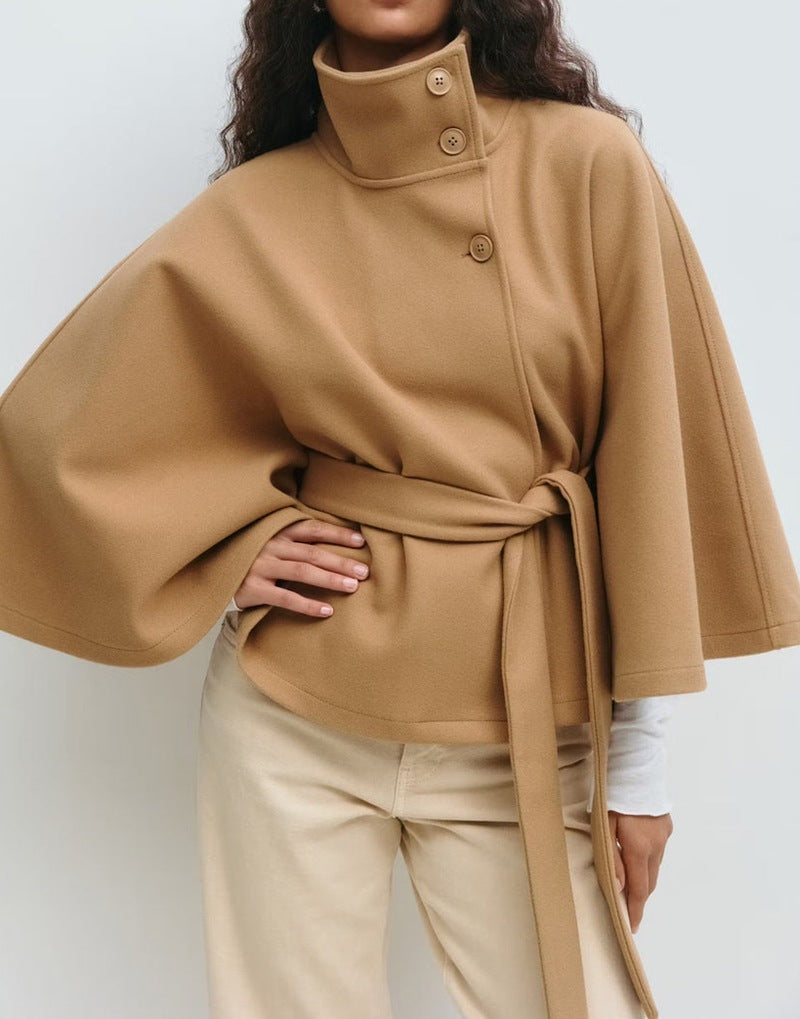 Winter High Neck Batwing Sleeve Coat With Belt Fashion Loose Elegant