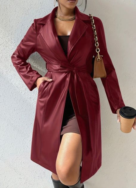 PU Long Sleeve Jacket Women's Slim Fit Long Trench Coat